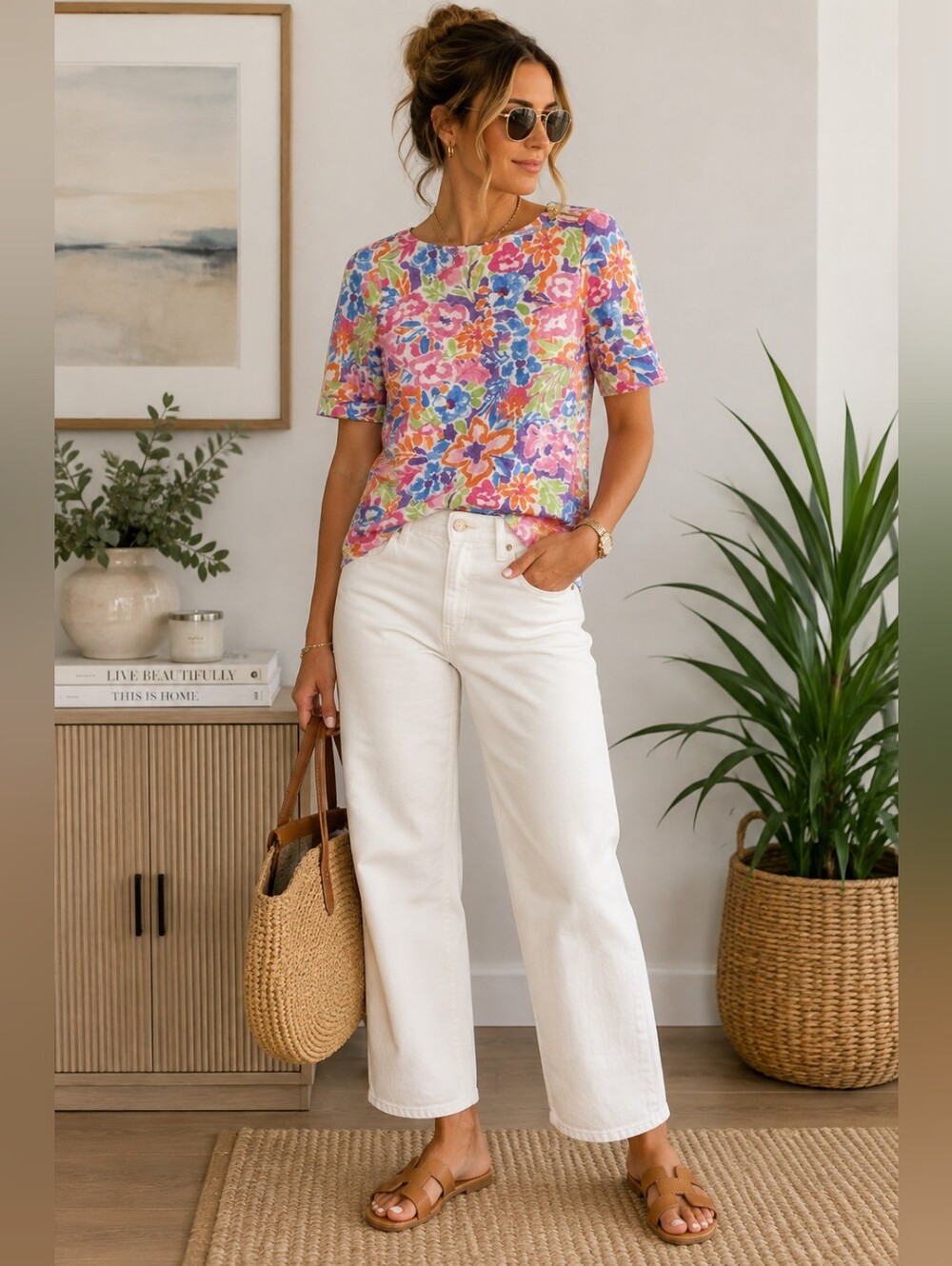 Lauren Ralph Lauren Floral Cotton Top Medium Multicolor Shoulder Zip Short Sleev